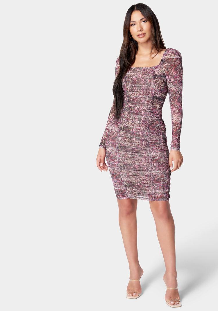 Bebe Ruched Mesh Puff Sleeve Bodysuit