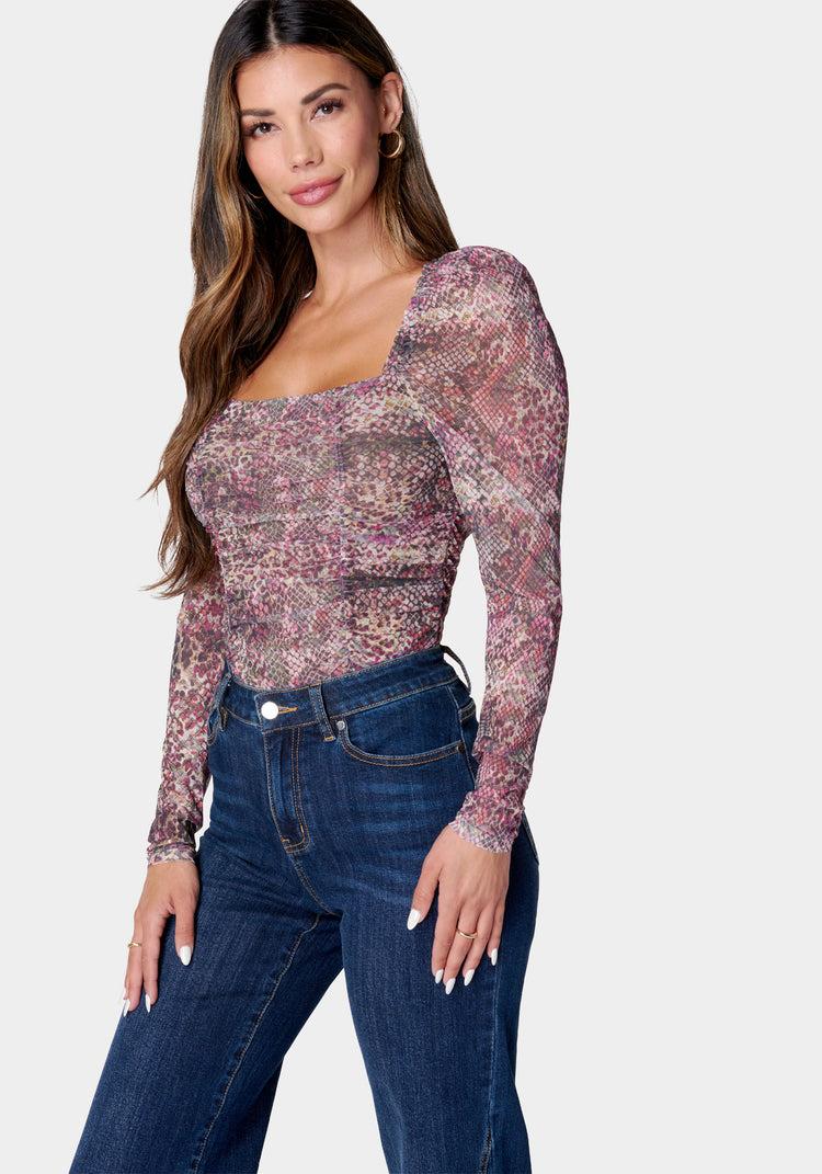 bebe Ruched Mesh Puff Sleeve Bodysuit