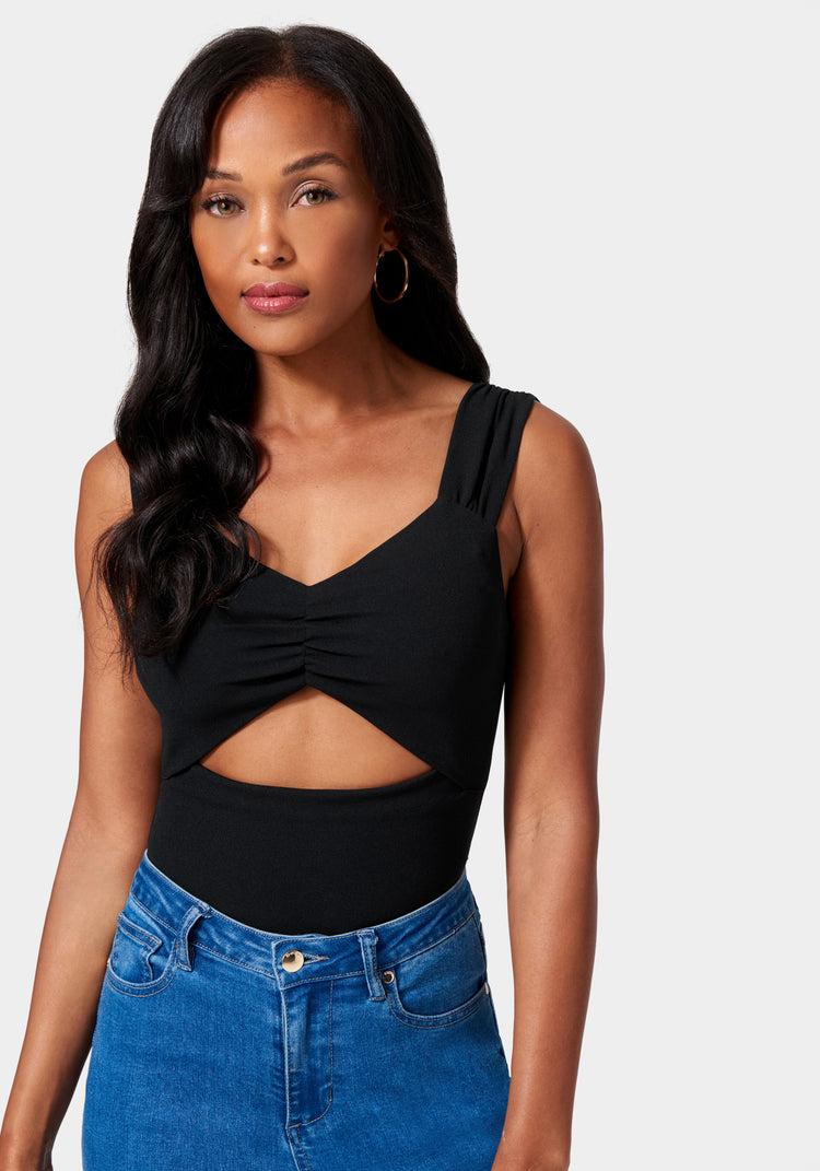 bebe Ruched Sleeve Cutout Detail Top