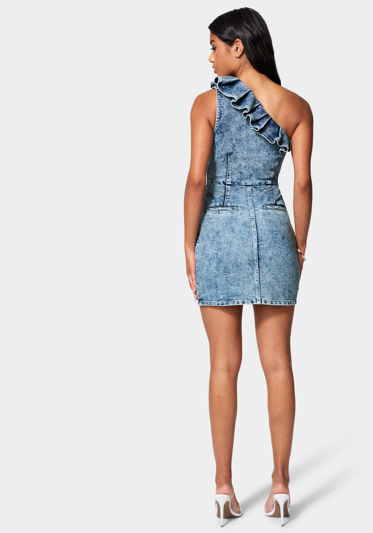 Bebe Ruffle Detail Lurex Denim Dress