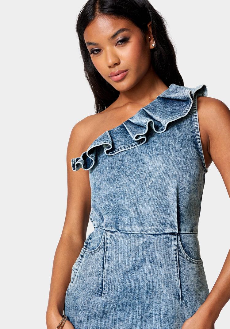 Bebe Ruffle Detail Lurex Denim Dress