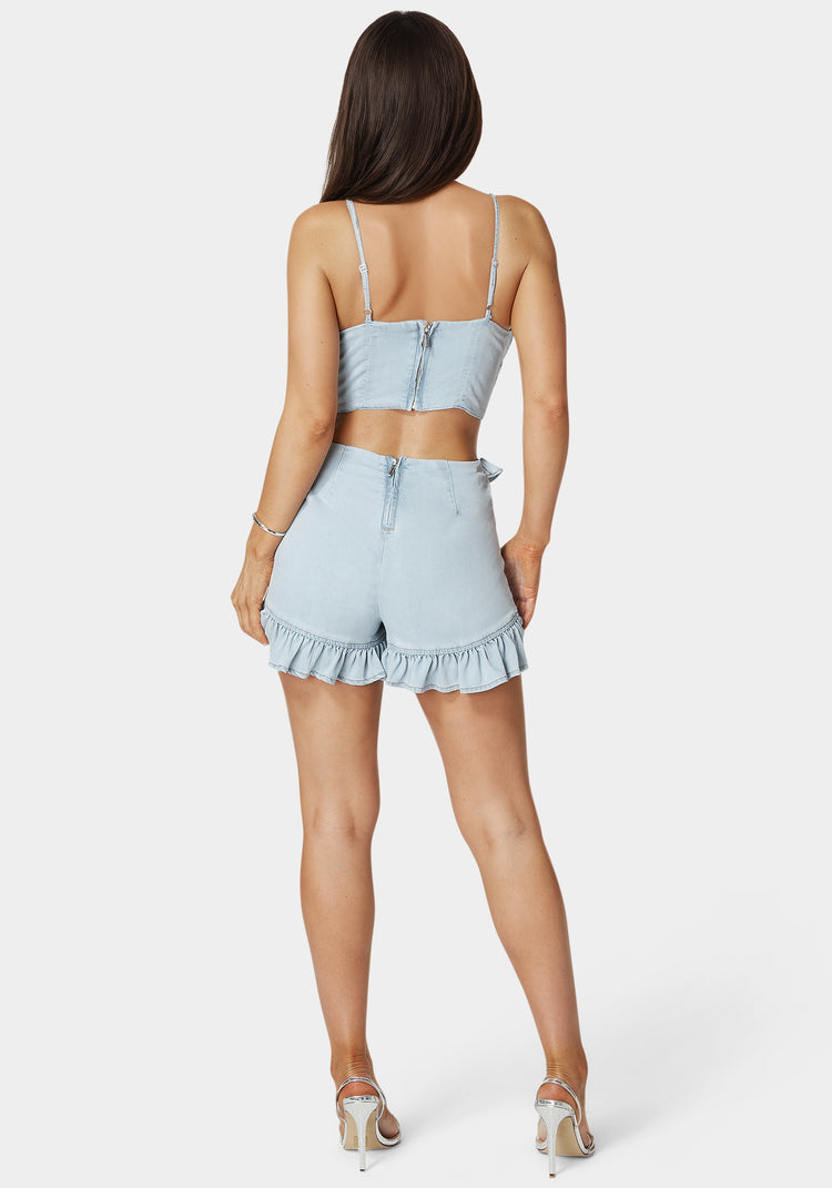 Bebe Ruffled V Neck Denim Romper