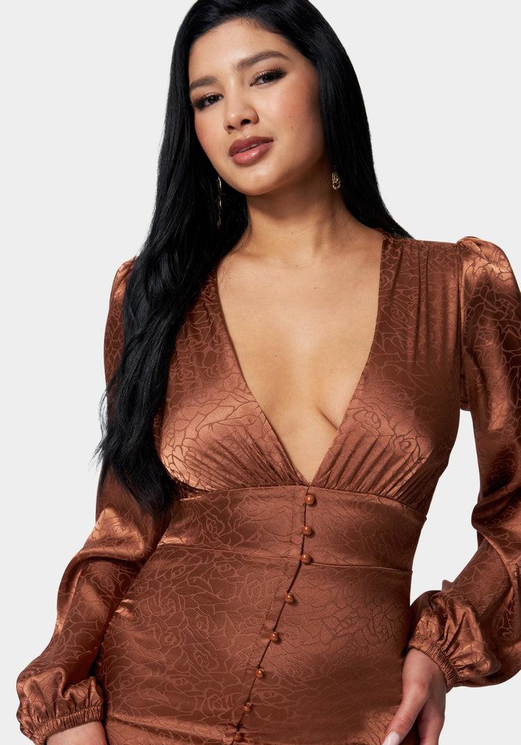 Bebe Satin Button Up Jacquard Mini Dress