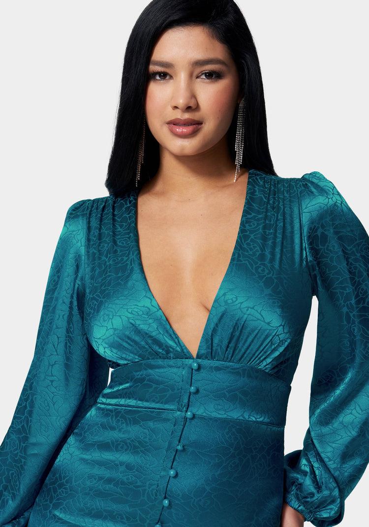 Bebe Satin Button Up Jacquard Mini Dress