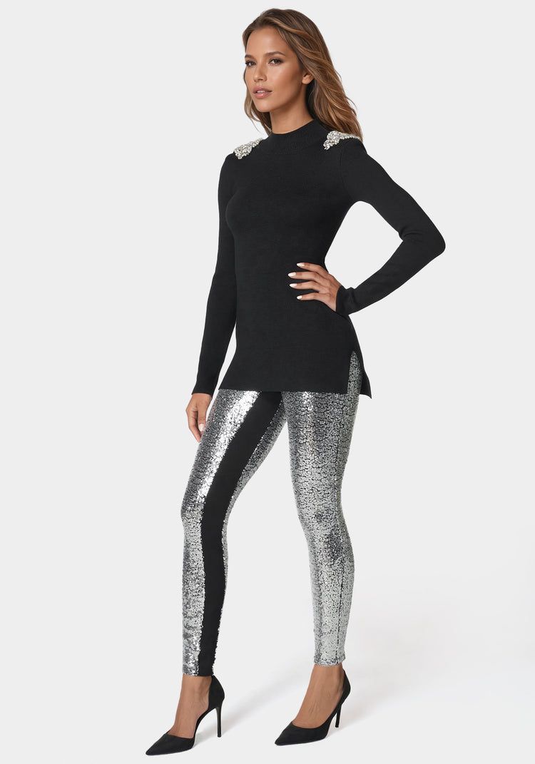 Bebe Satin Elastic Waistband Sequin Legging