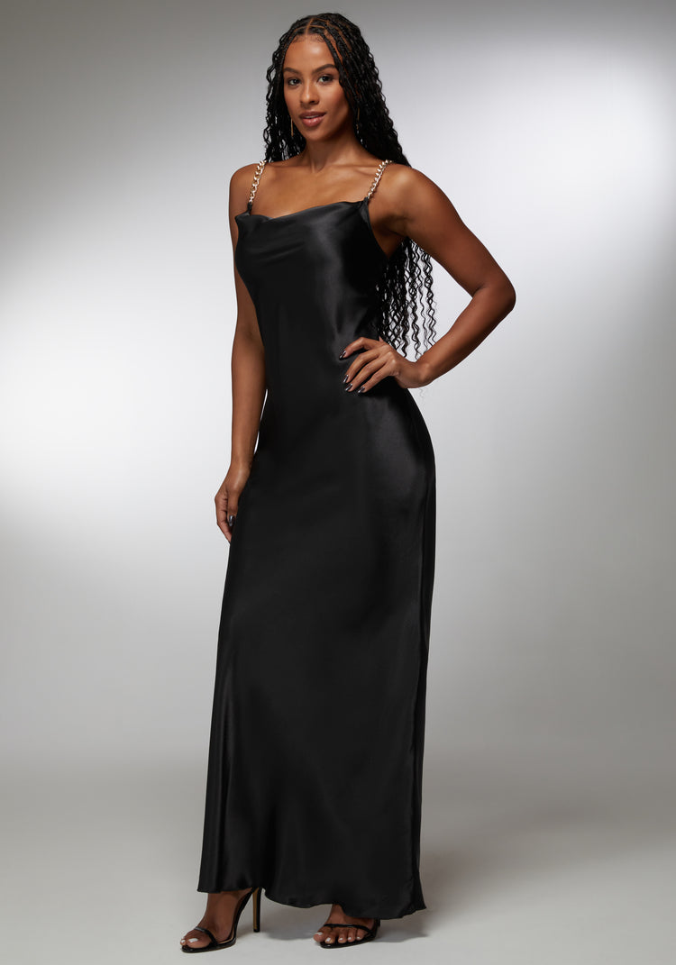 Bebe Satin Maxi With Gold Chain Straps