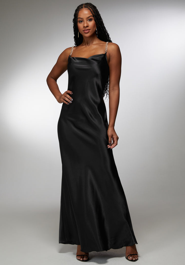 bebe Satin Maxi With Gold Chain Straps