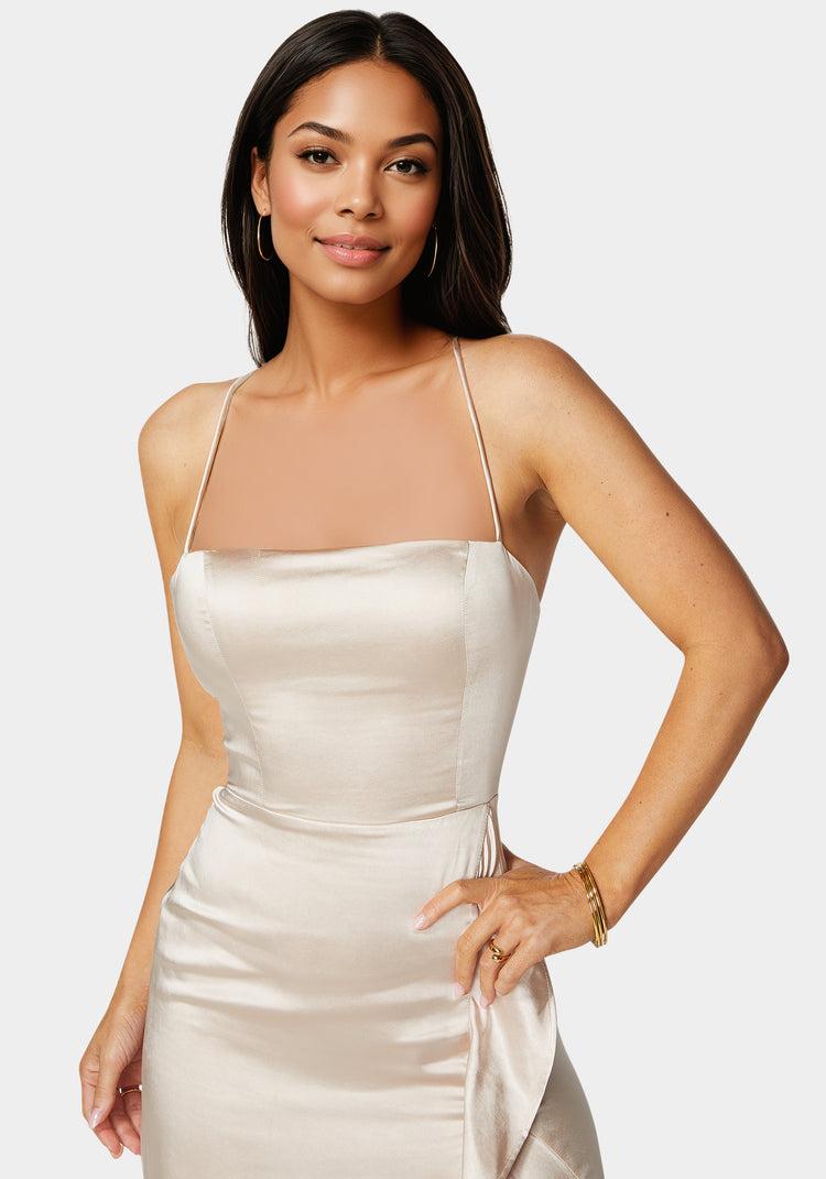 Bebe Satin Ruffle Maxi Lace Up Back