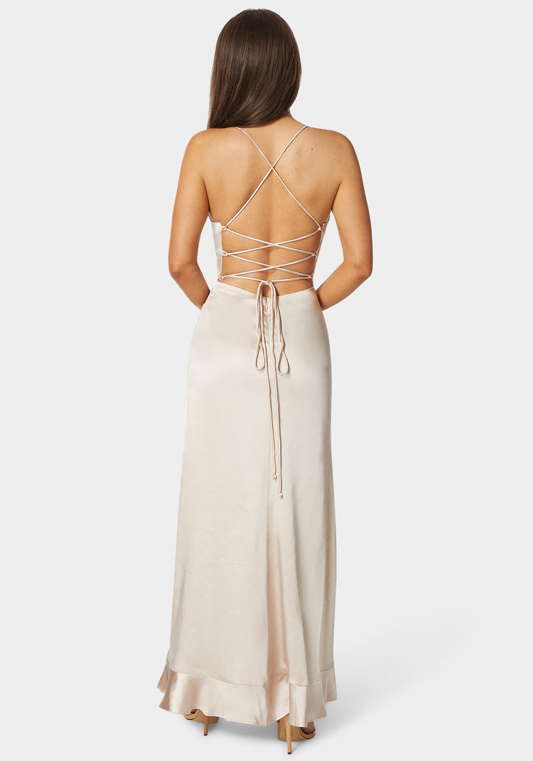 Bebe Satin Ruffle Maxi Lace Up Back