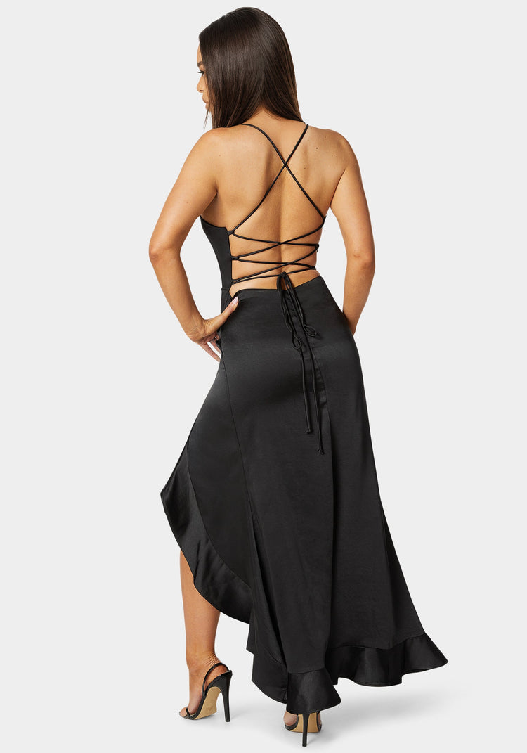 Bebe Satin Ruffle Maxi Lace Up Back