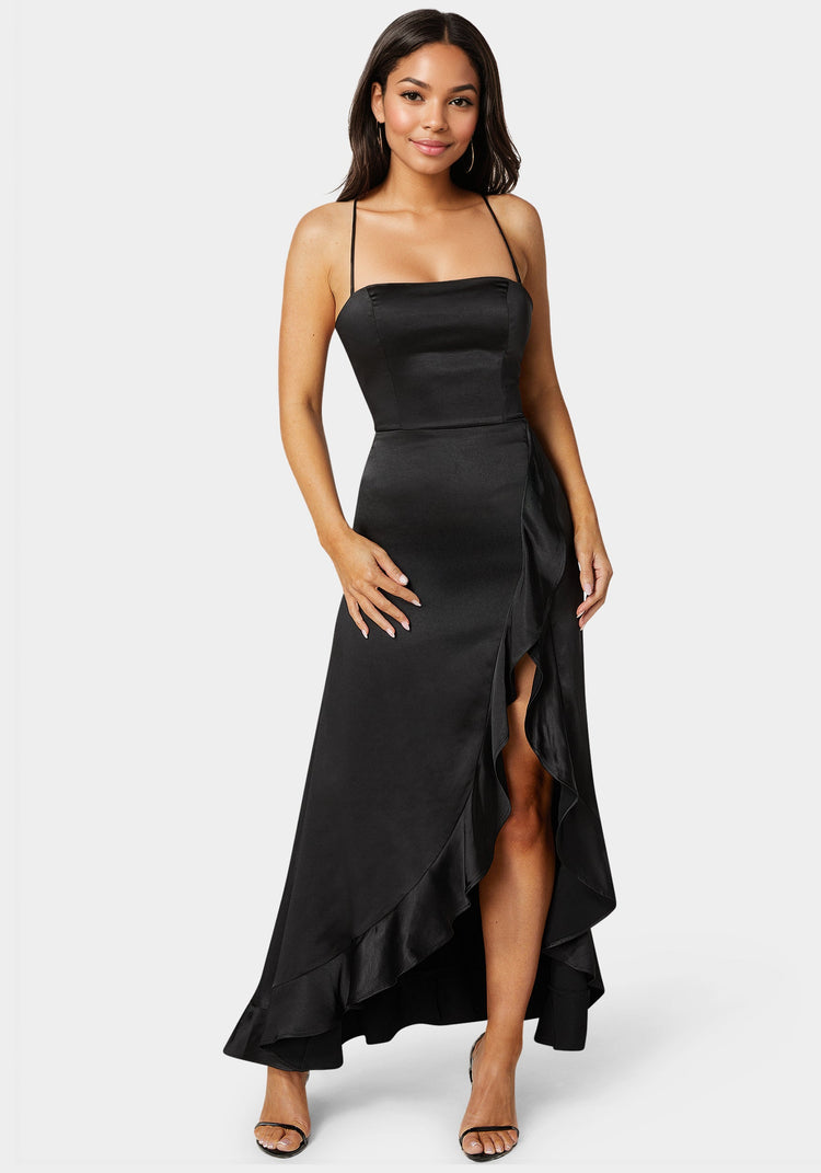 bebe Satin Ruffle Maxi Lace Up Back