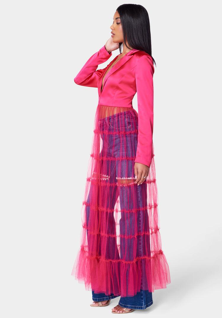 Bebe Satin Tailored Jacket With Tulle Hem