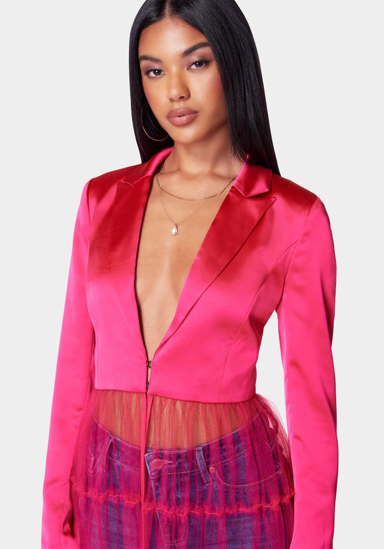 Bebe Satin Tailored Jacket With Tulle Hem