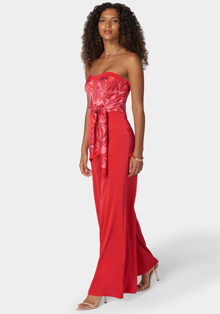 Bebe Satin Tie Front Scarf Ultra Wide Leg Jumpsuit