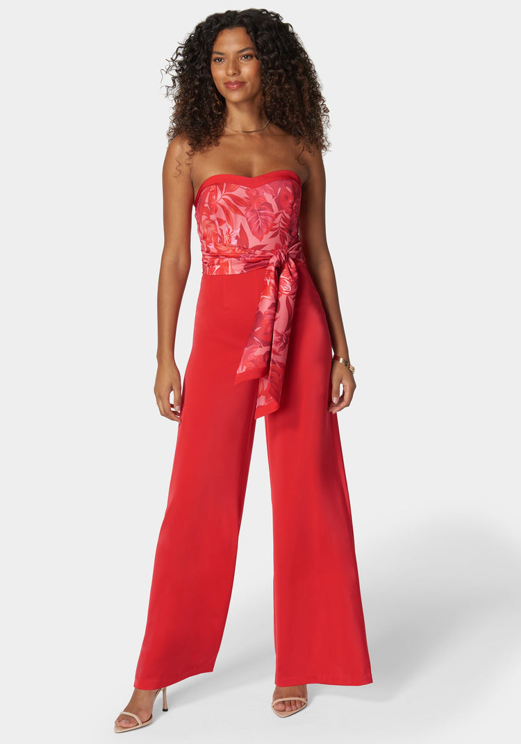 bebe Satin Tie Front Scarf Ultra Wide Leg Jumpsuit