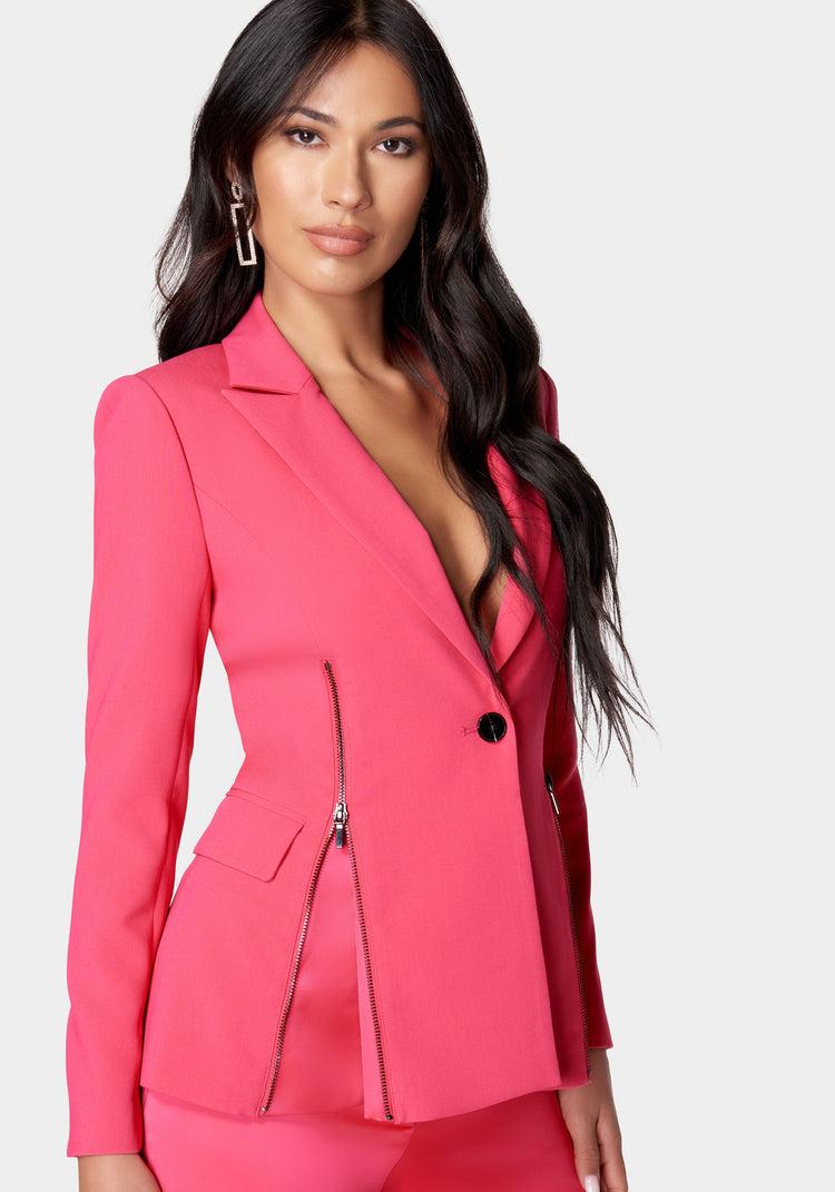 Bebe Satin Zipper Godet Tailored Jacket