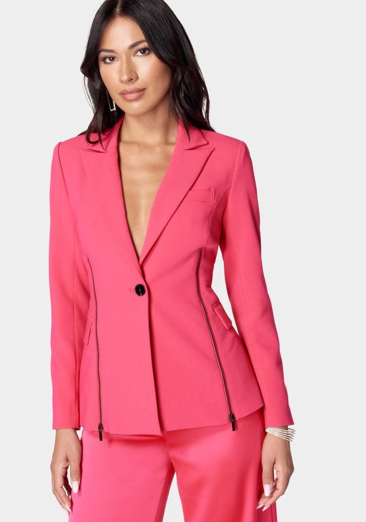 bebe Satin Zipper Godet Tailored Jacket