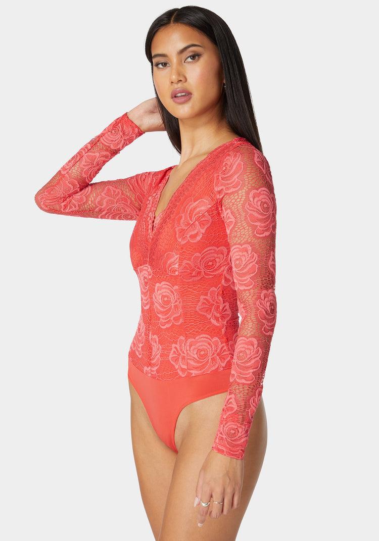 Bebe Scallop Edge Long Sleeve Lace Bodysuit