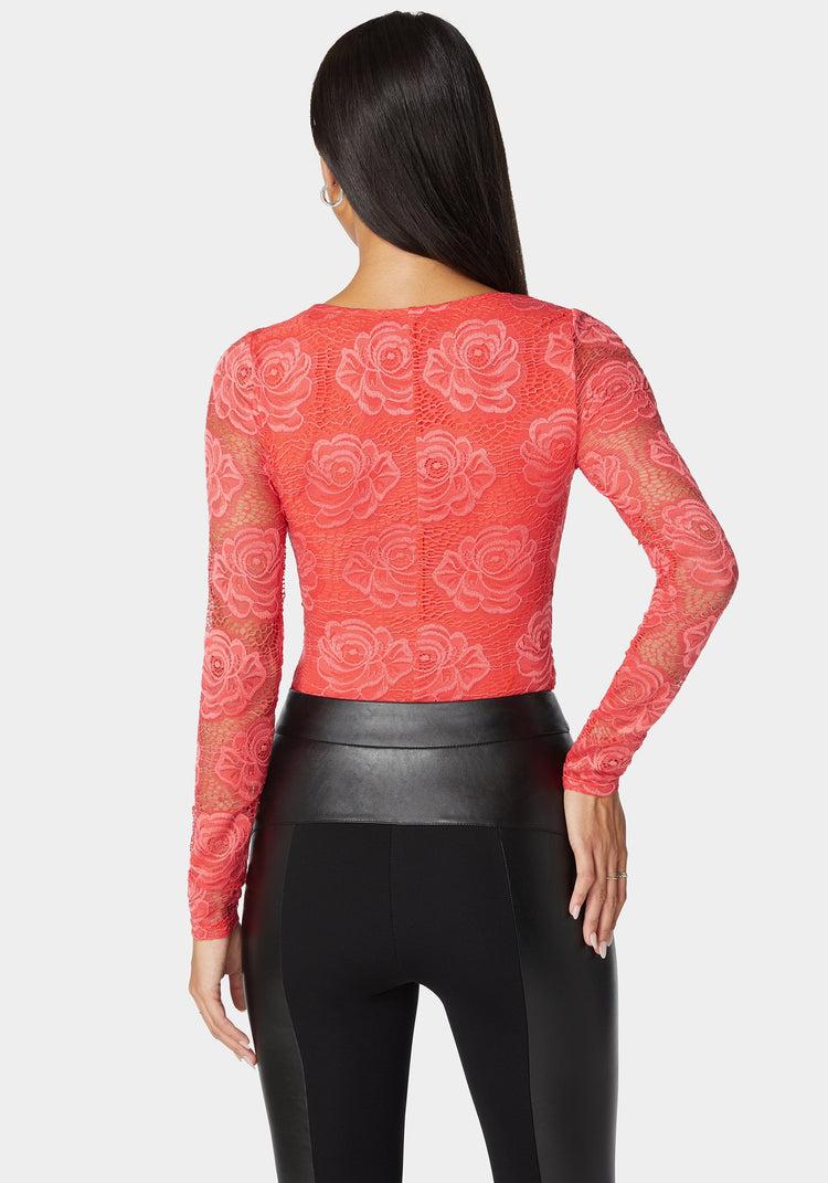 Bebe Scallop Edge Long Sleeve Lace Bodysuit