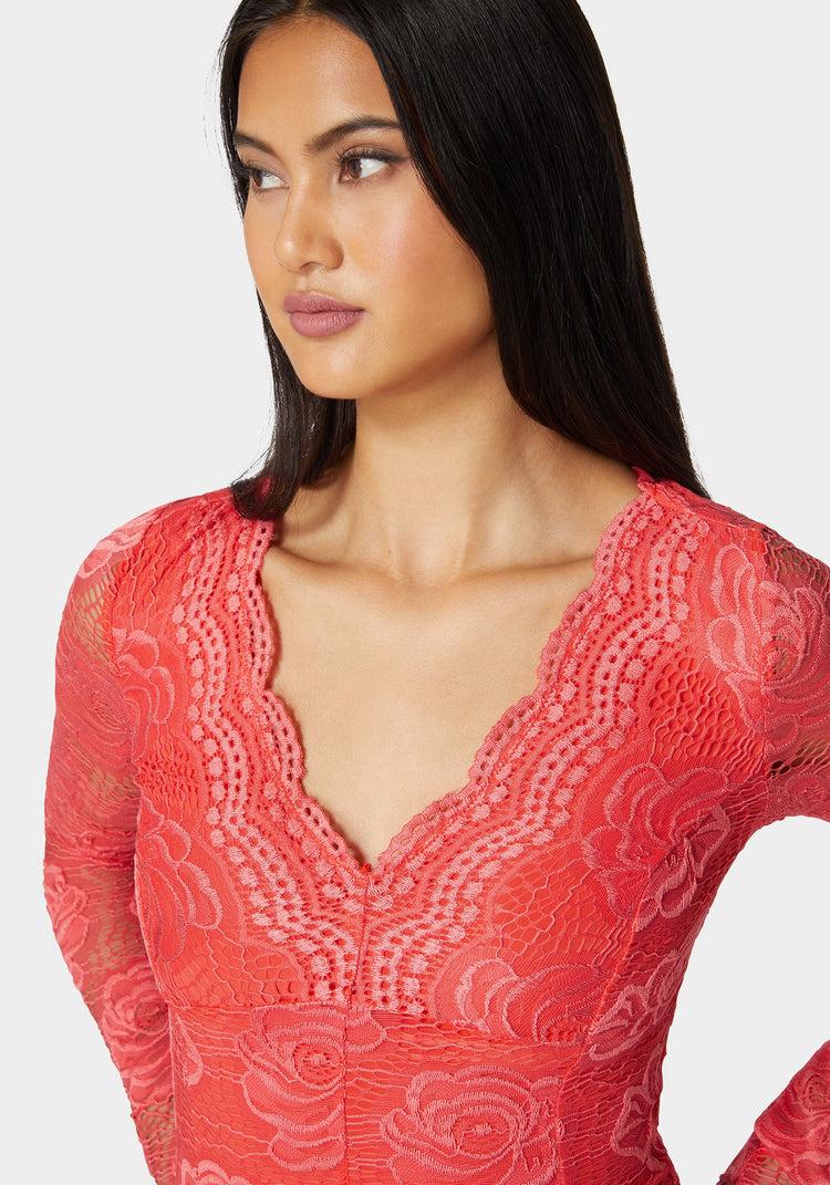 Bebe Scallop Edge Long Sleeve Lace Bodysuit