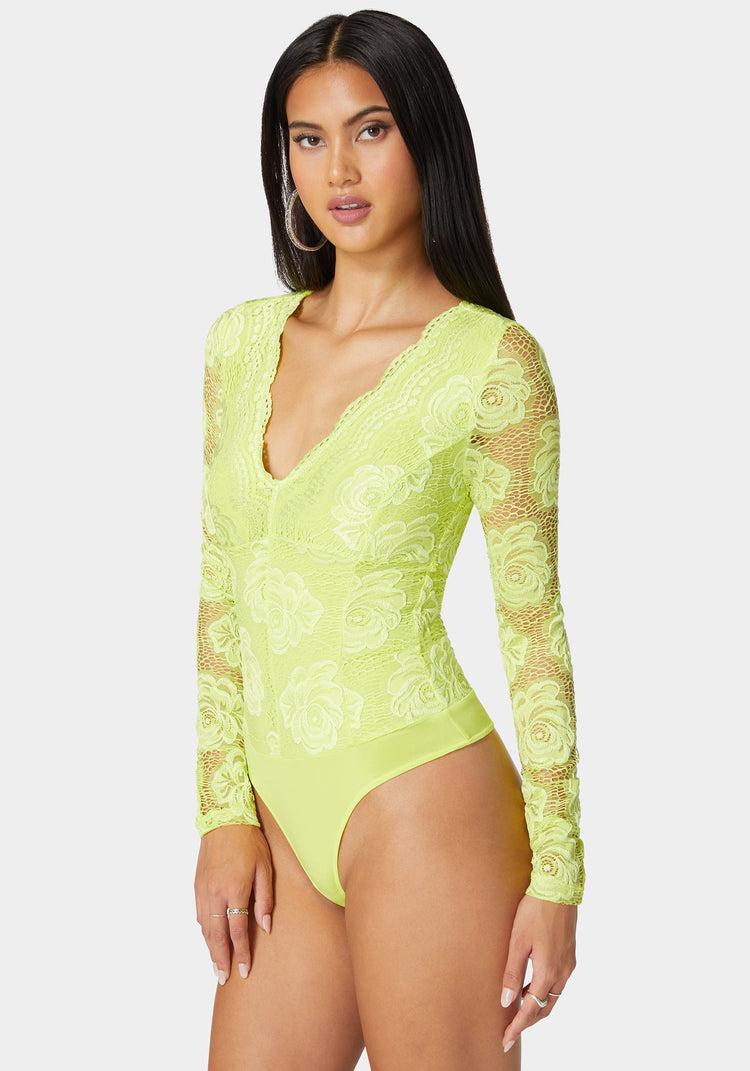 Bebe Scallop Edge Long Sleeve Lace Bodysuit