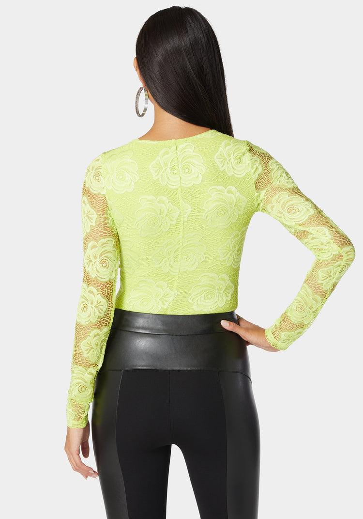 Bebe Scallop Edge Long Sleeve Lace Bodysuit