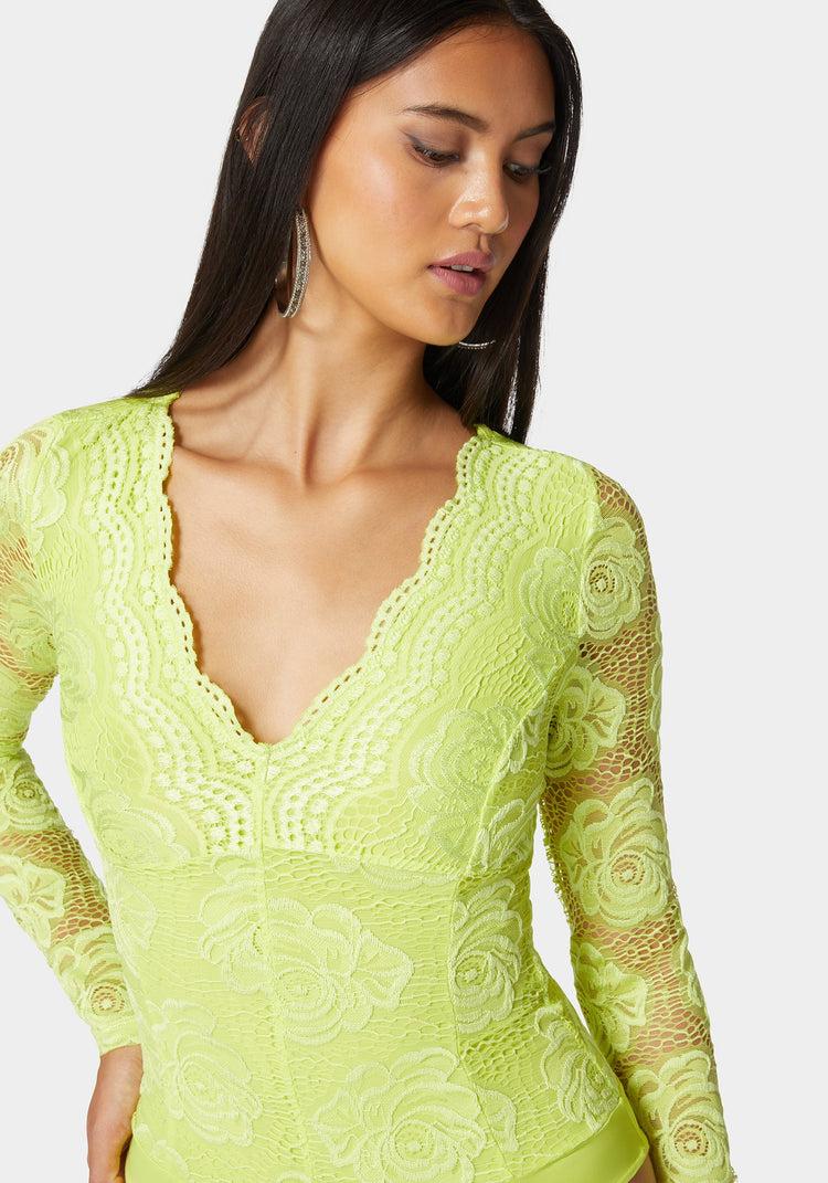 Bebe Scallop Edge Long Sleeve Lace Bodysuit