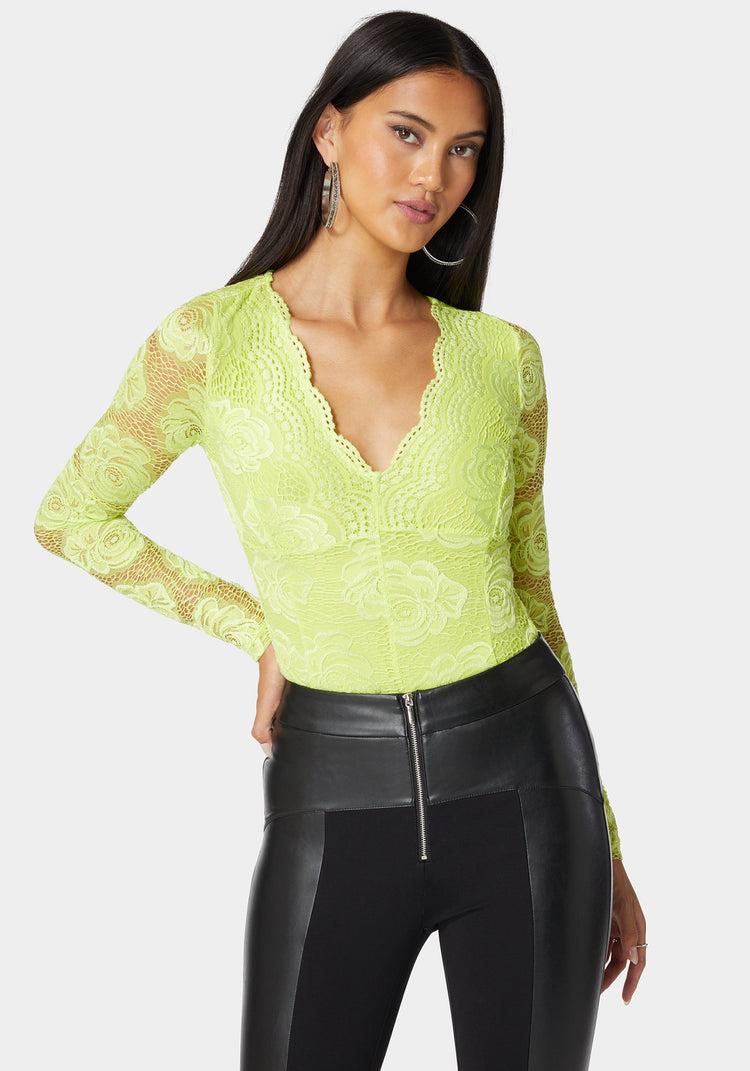 bebe Scallop Edge Long Sleeve Lace Bodysuit