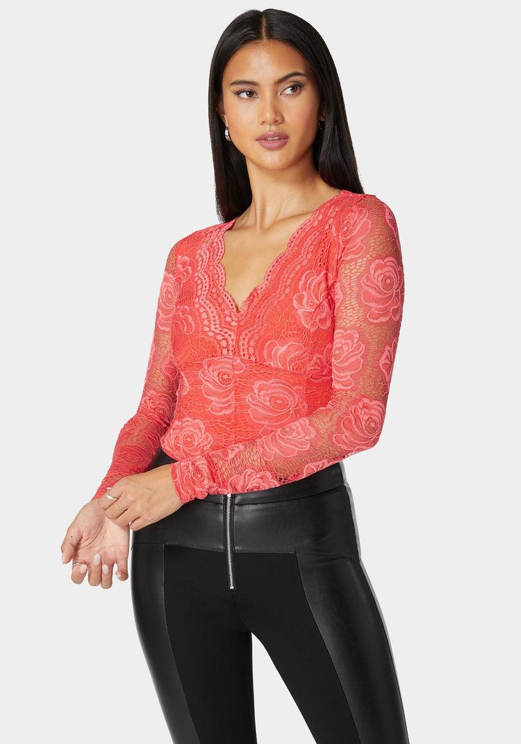bebe Scallop Edge Long Sleeve Lace Bodysuit