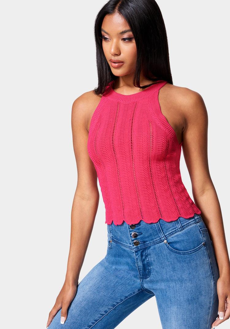 Bebe Scallop Hem Pointelle Sweater Halter Top