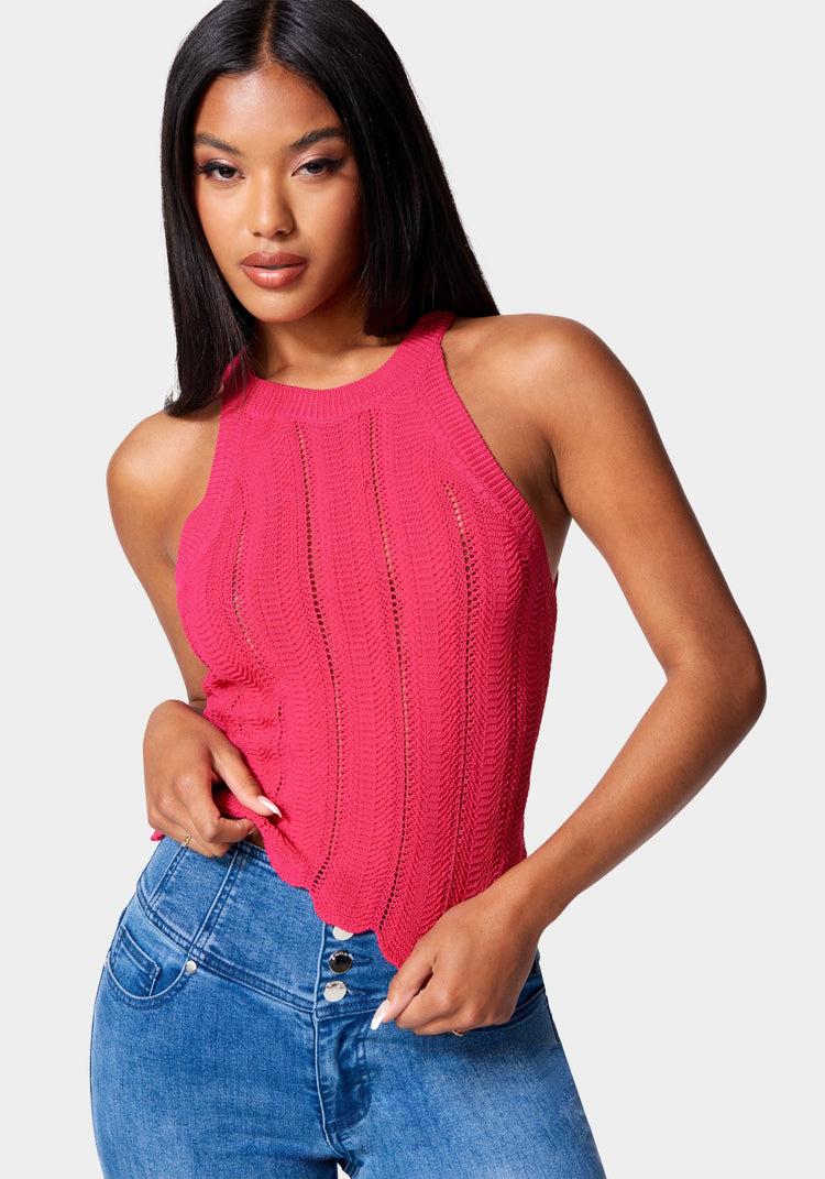 bebe Scallop Hem Pointelle Sweater Halter Top