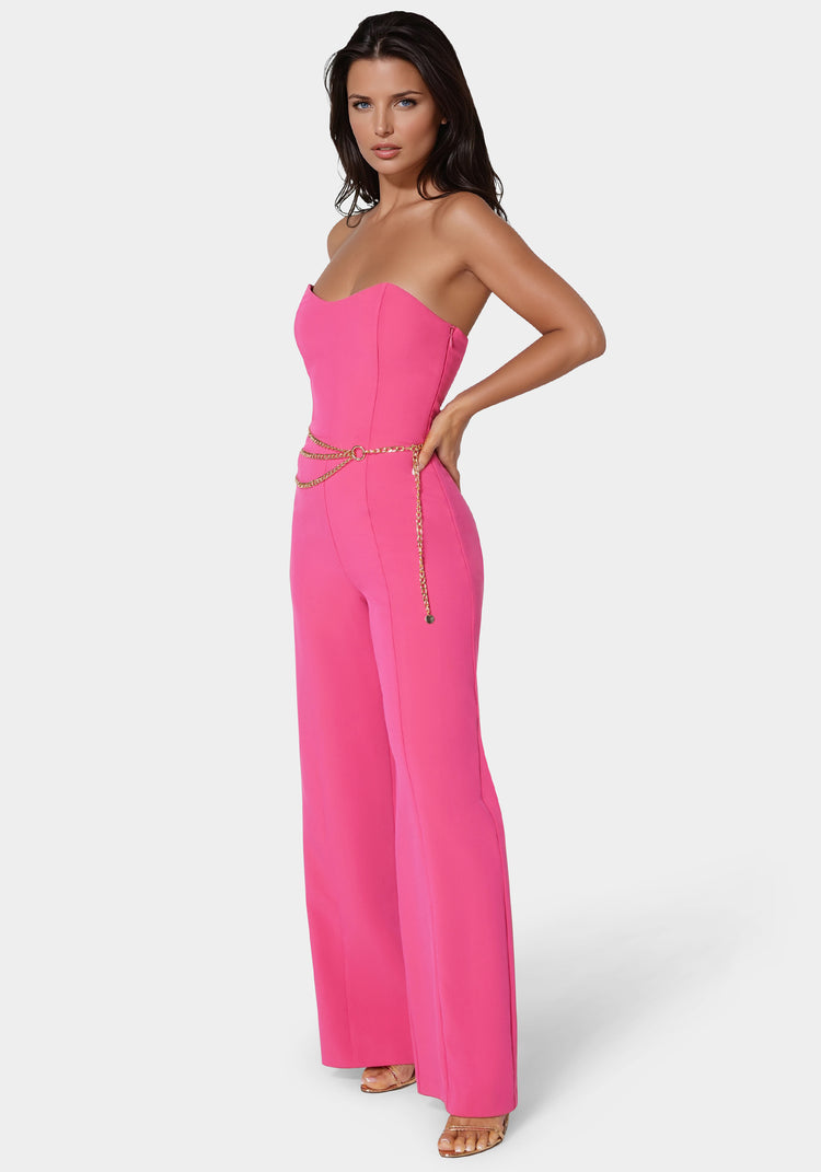 Bebe Scoop Neck Belted Palazzo Leg Jumpsuit