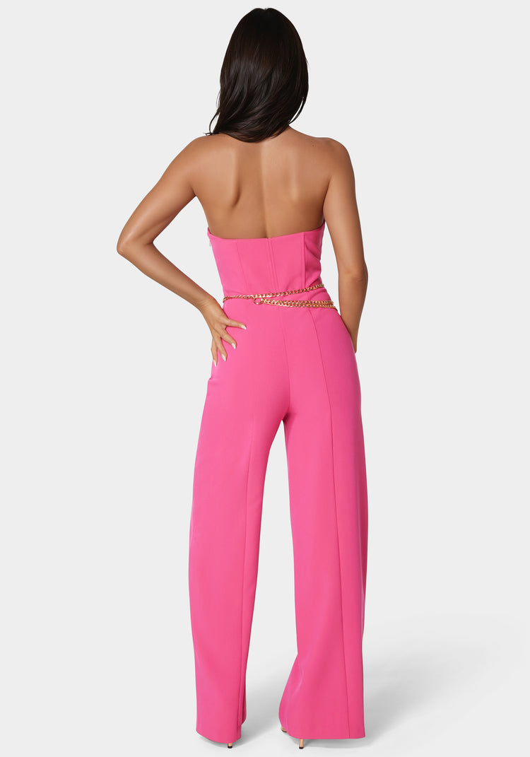 Bebe Scoop Neck Belted Palazzo Leg Jumpsuit