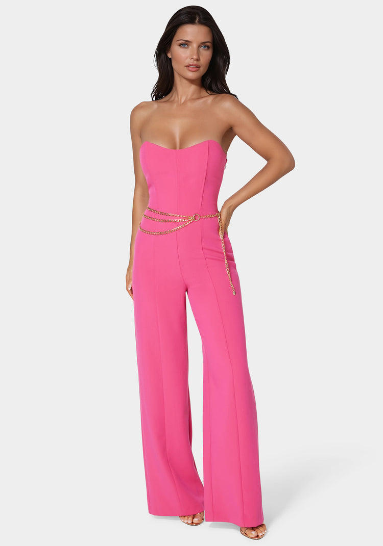 bebe Scoop Neck Belted Palazzo Leg Jumpsuit