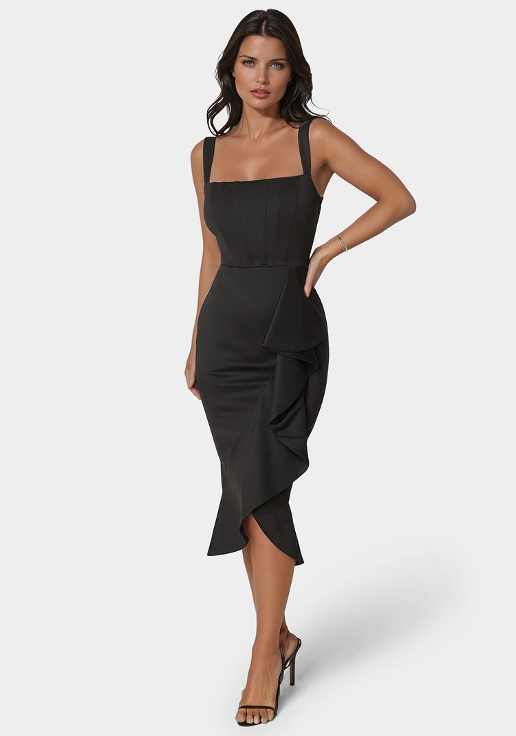bebe Scuba Bustier Ruffle Wrap Dress