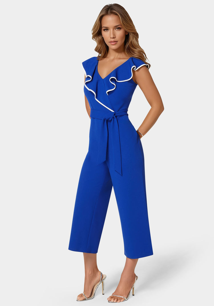 Bebe Scuba Crepe Ruffle V-Neck Jumpsuit