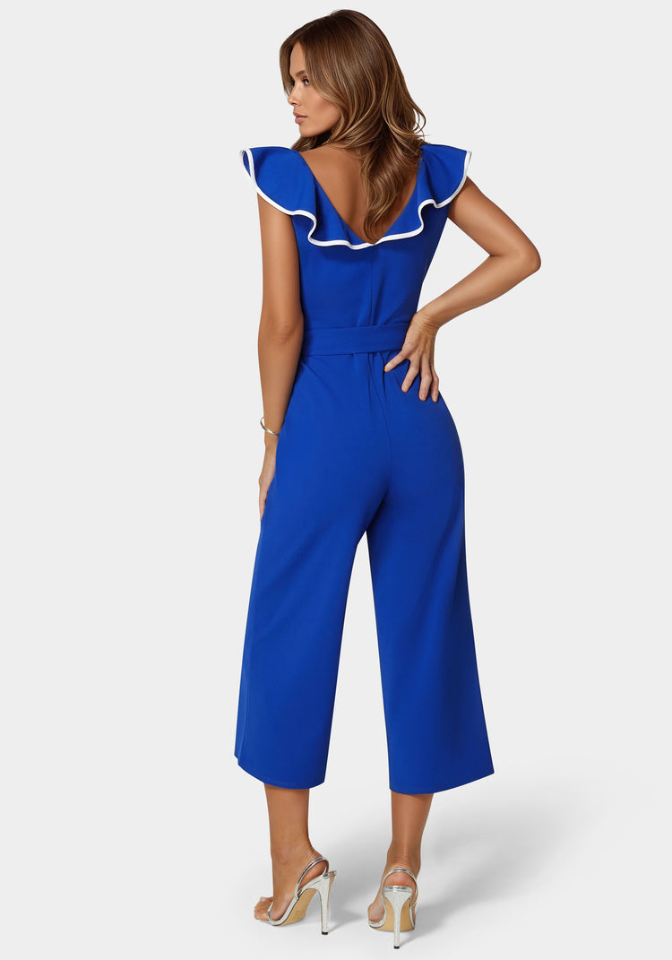 Bebe Scuba Crepe Ruffle V-Neck Jumpsuit