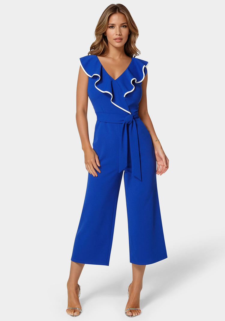 bebe Scuba Crepe Ruffle V-Neck Jumpsuit