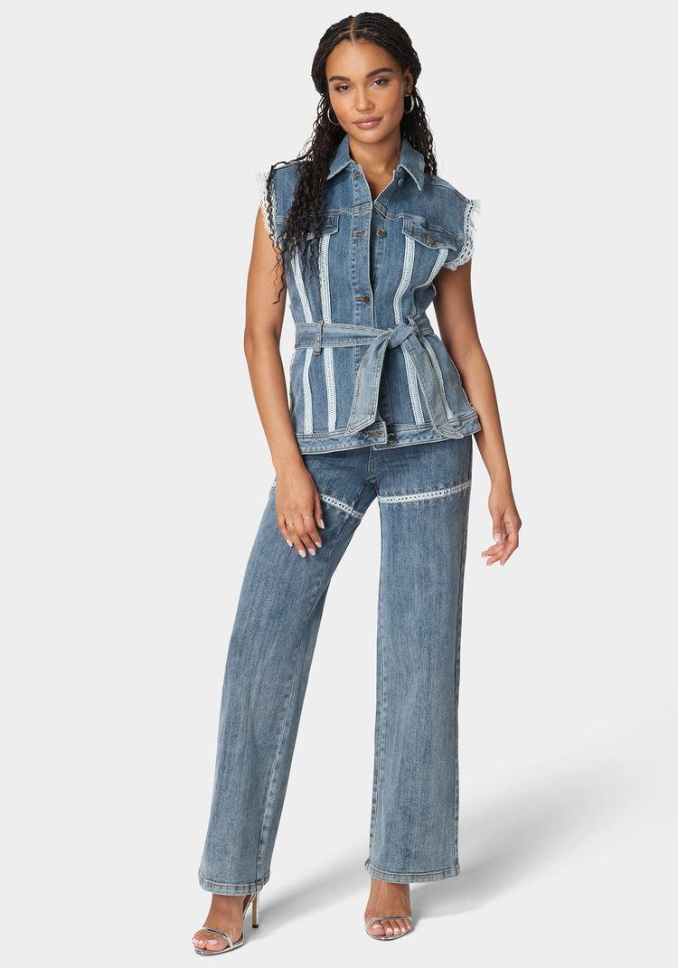 Bebe Semi Fitted Lace Applique Denim Vest