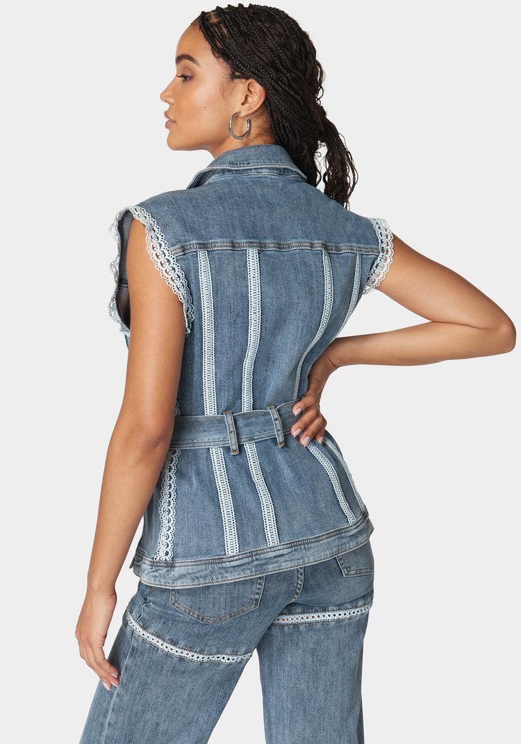 Bebe Semi Fitted Lace Applique Denim Vest