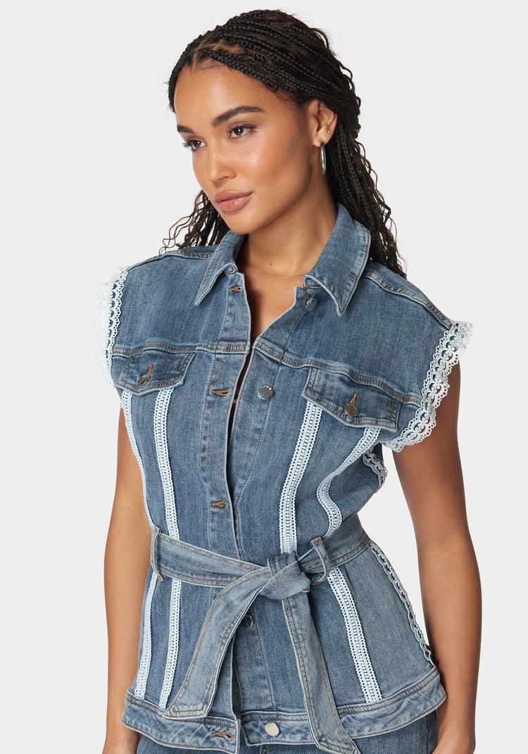 Bebe Semi Fitted Lace Applique Denim Vest