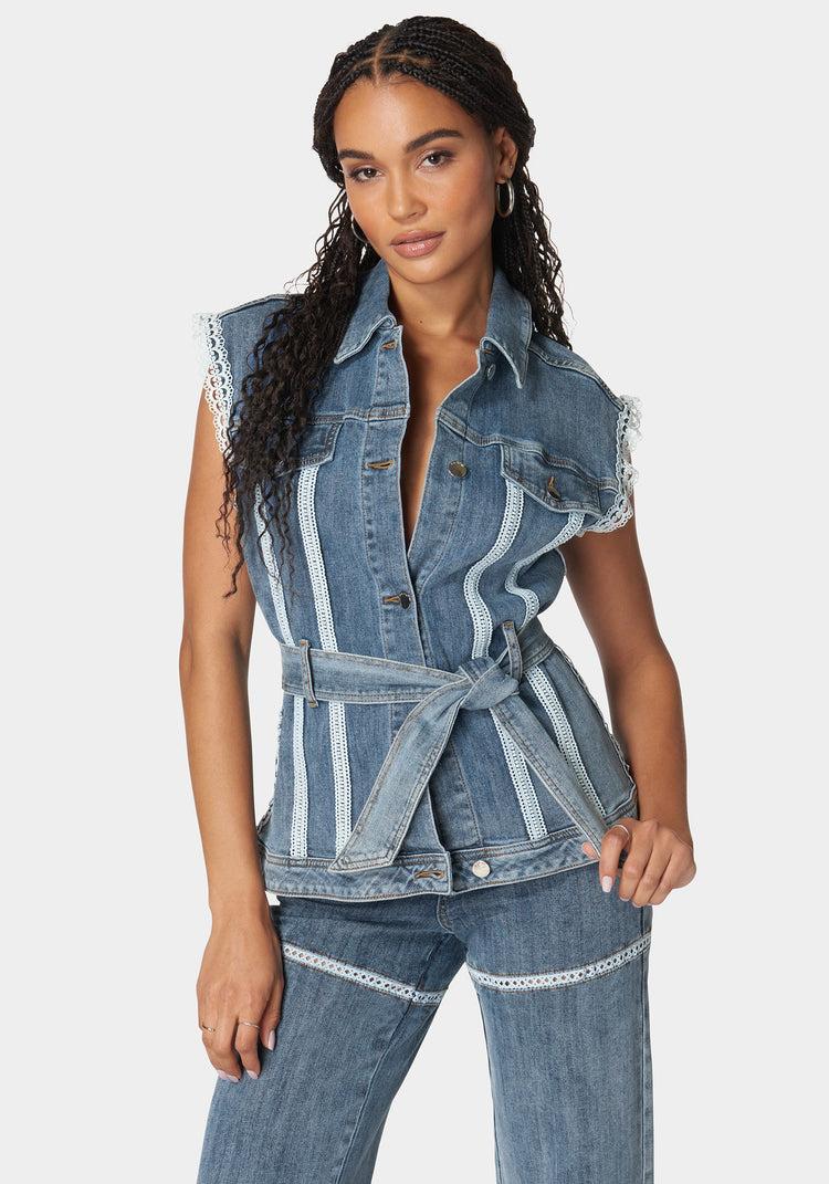 bebe Semi Fitted Lace Applique Denim Vest