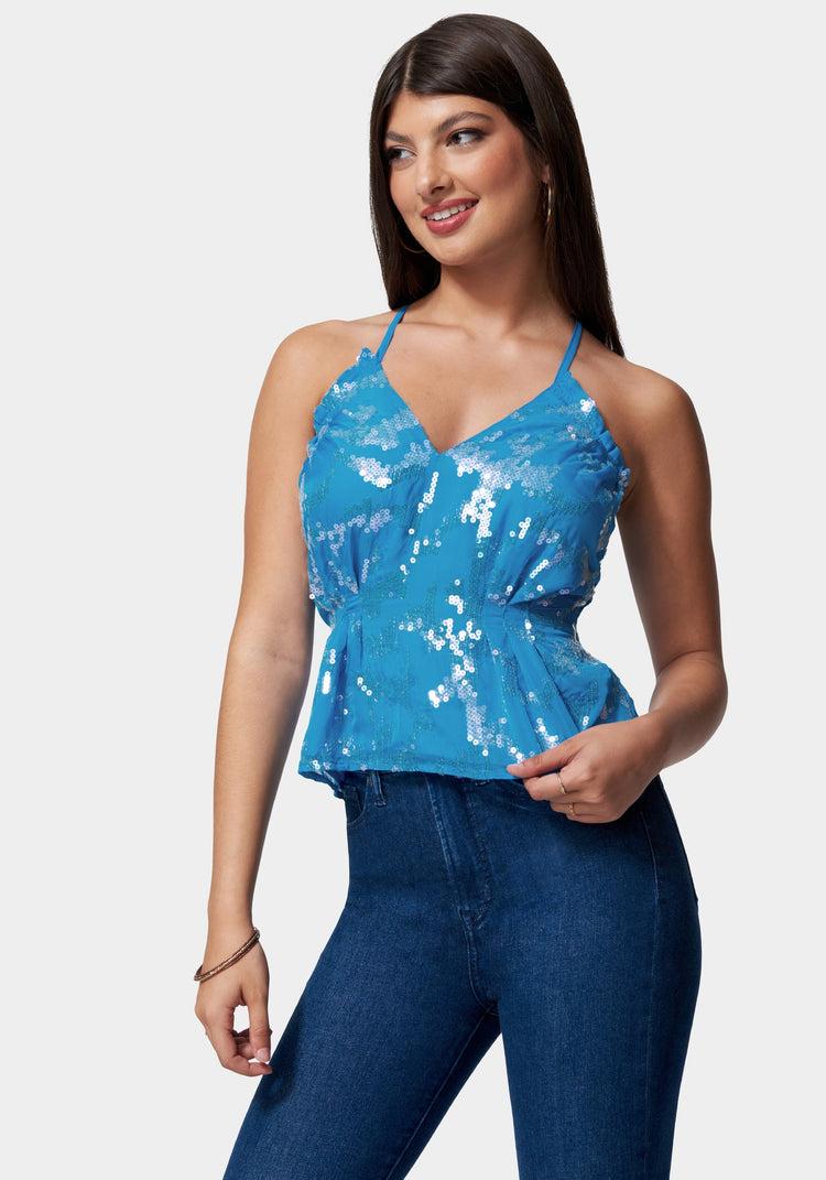 Bebe Sequin Chiffon Cross Neck Blouse