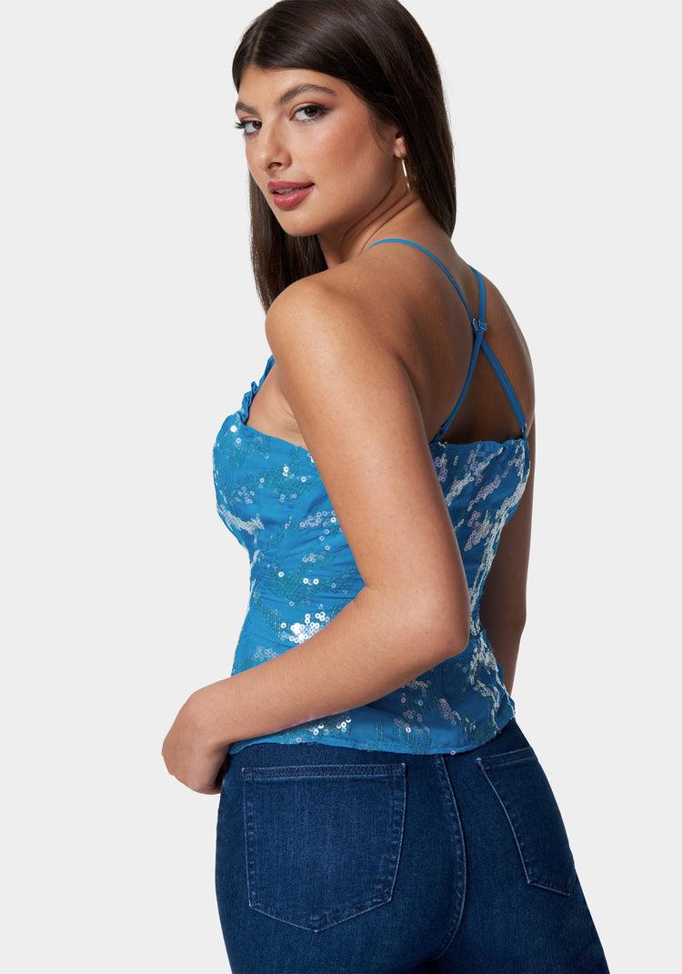 Bebe Sequin Chiffon Cross Neck Blouse