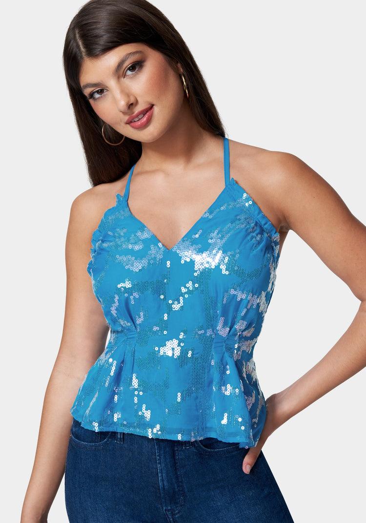 bebe Sequin Chiffon Cross Neck Blouse