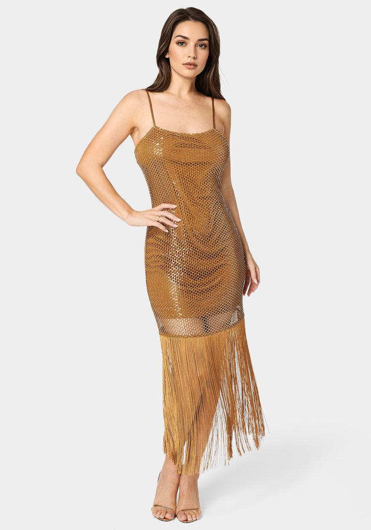 bebe Sequin Crochet Fringe Dress