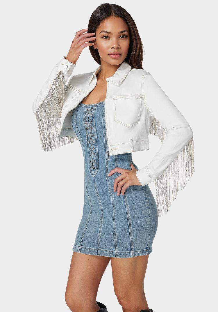 Bebe Sequin Fringe Denim Jacket