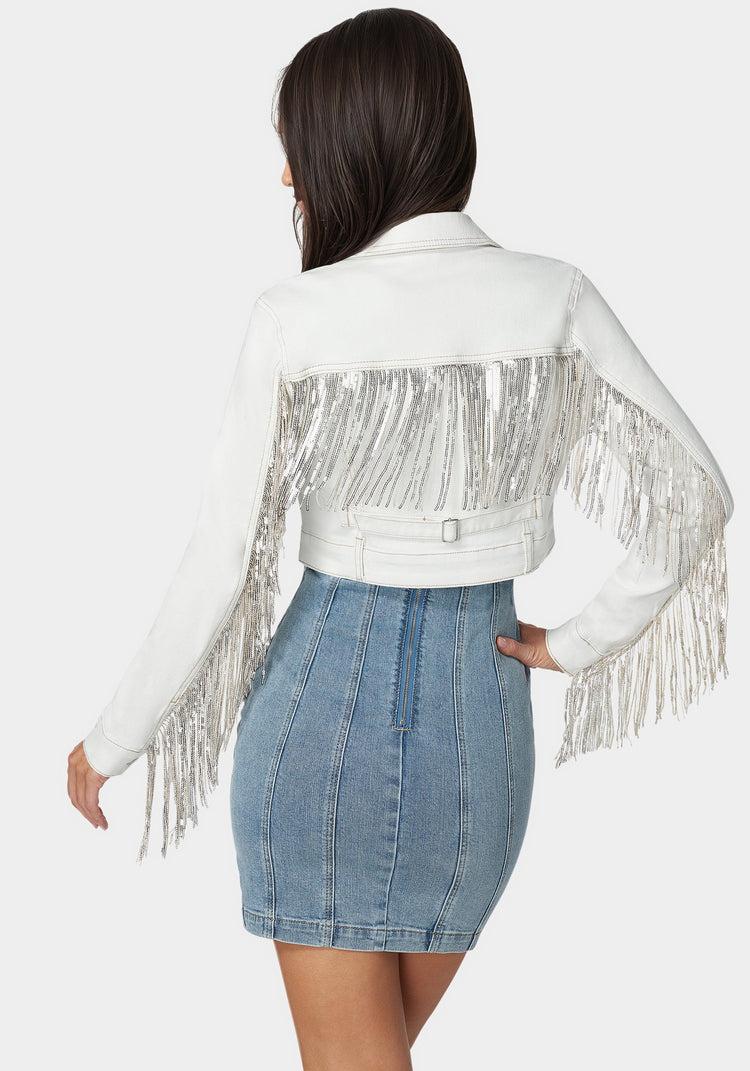 Bebe Sequin Fringe Denim Jacket