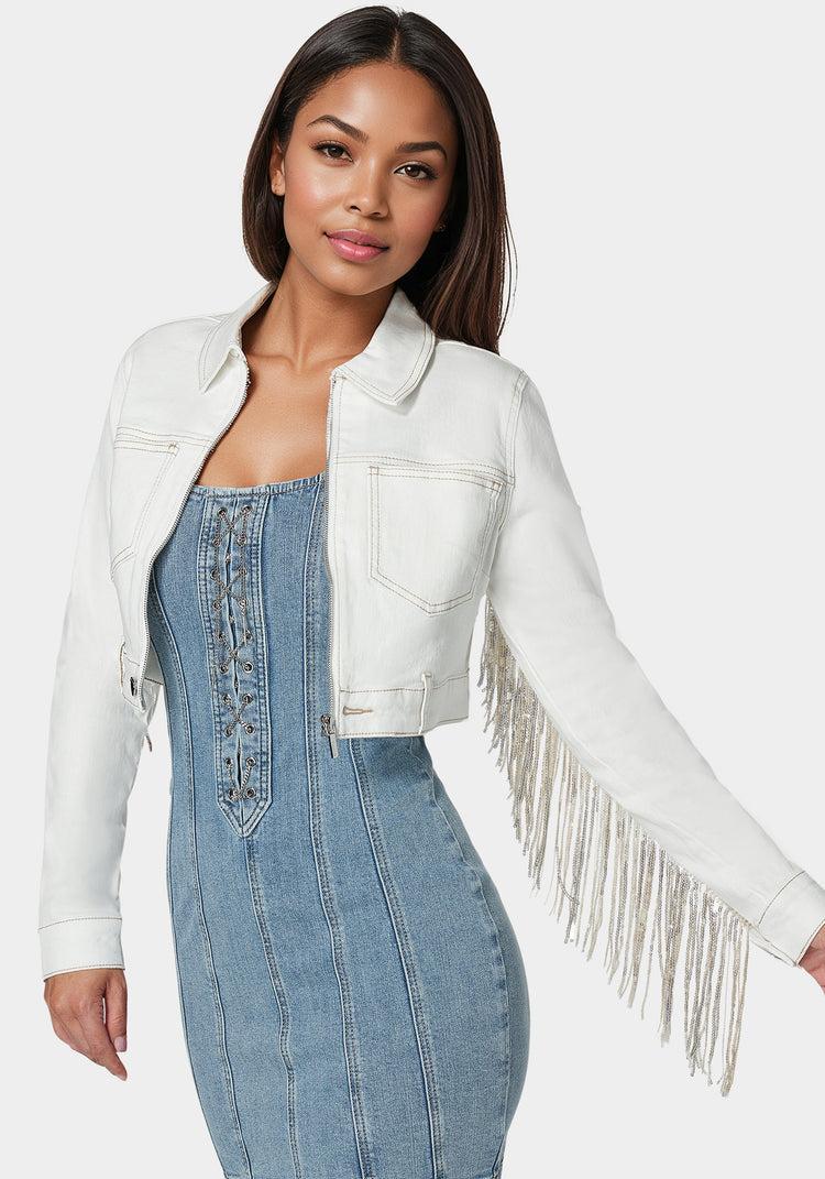 Bebe Sequin Fringe Denim Jacket
