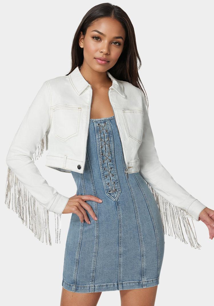 bebe Sequin Fringe Denim Jacket